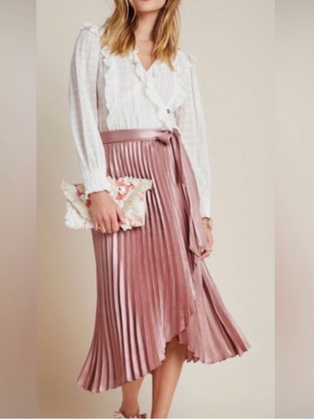Maeve Metallic Pleated Midi Skirt in Rose-Gold